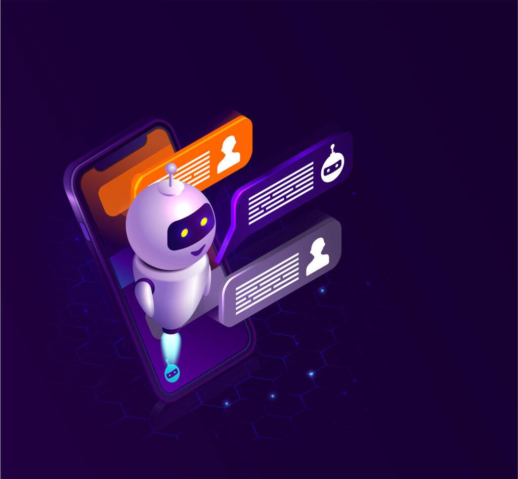 Chatbot conversacional en dispositivo móvil interactuando con usuarios: inteligencia artificial para atención al cliente automatizada.