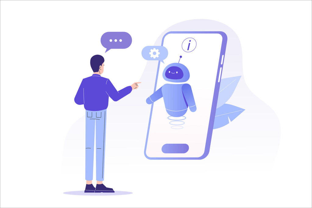 Usuario interactuando con chatbot desde su móvil: asistencia virtual mediante inteligencia artificial en aplicaciones digitales.