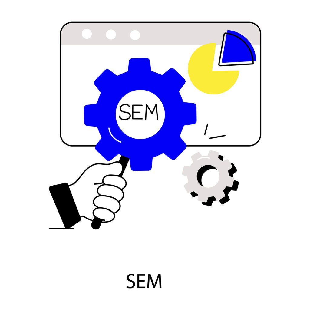 Ilustración de engranaje azul con texto SEM frente a ventana de navegador con gráficos circulares: publicidad en buscadores y estrategias de marketing digital.