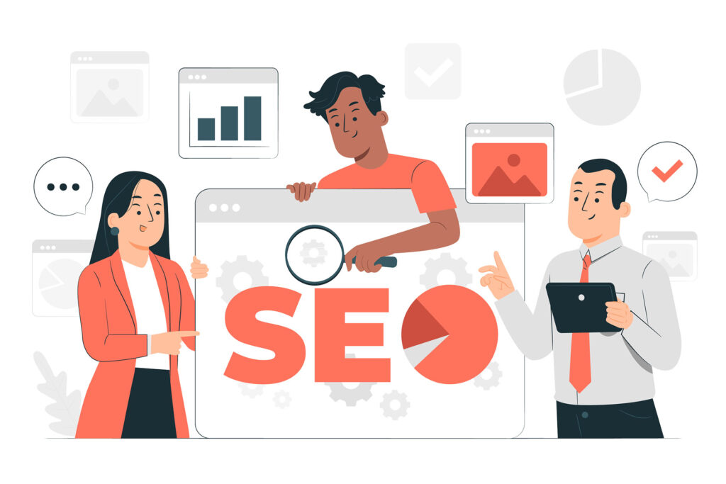 Ilustración de tres personas colaborando en una estrategia de SEO frente a una gran pantalla con la palabra 'SEO', gráficos de análisis y engranajes. Una mujer señala la palabra, un hombre sostiene una lupa, y otro revisa una tablet.